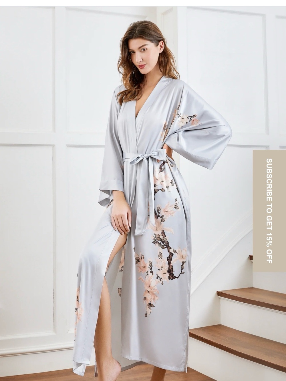 Elegant Light Gray Floral Satin Robe with Tie Belt